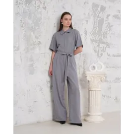 Kuşaklı Gömlek Yaka Salaş Tulum Gri S255822 (Beden: S)
