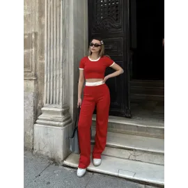 Crop Pantolon Biyeli Takım Kırmızı (Beden: M)
