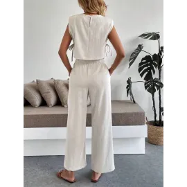 Yan Bağlama Detaylı Pantolonlu Takım Bej (Beden: Xl)