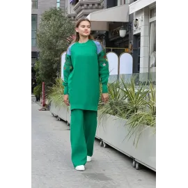 Omuz Detaylı Kol Nakışlı İkili Alt Üst Triko Takım Yeşil (Beden: Standart)