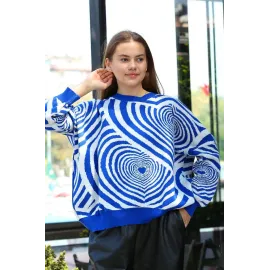 Beyaz Kalp Çizgili Kazak Saks Mavisi (Beden: Standart)