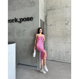 Kaşkorse Desenli Askılı Elbise Pembe (Beden: M)