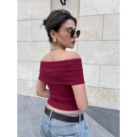 Madonna Yaka Sıfır Kol Bluz Bordo (Beden: L)
