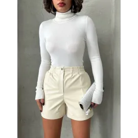 Beli Lastikli Çıtçıtlı Deri Şort Krem W241007 (Beden: S)