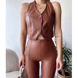 İki Düğmeli Deri Yelek Kahve S243001 (Beden: M)