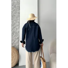 Cepli Püsküllü Kar Yıkama Kot Ceket Koyu Mavi D2515 (Beden: L)