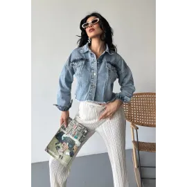 Çift Kapaklı Püsküllü Crop Buz Mavi D2002 (Beden: L)