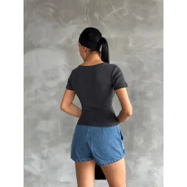 Önü Taşlı Antrasit Bluz S3512 (Beden: Standart)