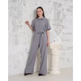 Kuşaklı Gömlek Yaka Salaş Tulum Gri S255822 (Beden: L)