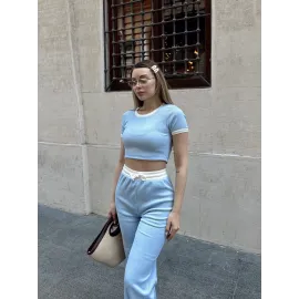 Crop Pantolon Biyeli Takım Mavi (Beden: M)