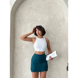 Çift Yırtmaçlı Atlas Şort Etek Petrol Yeşili S240364 (Beden: S)