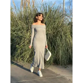 Madonna Yaka Uzun Elbise Şardonlu Kumaş Gri W3753 (Beden: S)