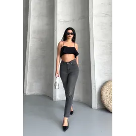Mom Fit Enzim Taş Yıkama Jeans Pantolon Füme D2006 (Beden: 34)