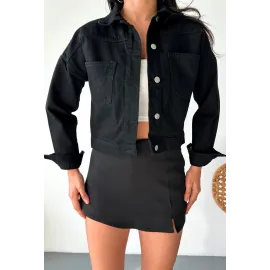 Çift Cepli Kol Katlamalı Süper Taş Enzim Yıkamalı Crop Kot Ceket Siyah D2000 (Beden: M)