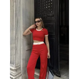 Crop Pantolon Biyeli Takım Kırmızı (Beden: S)