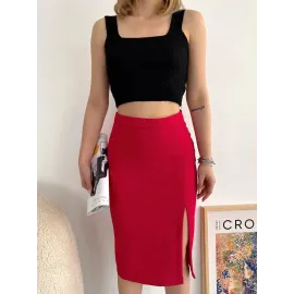 Yırtmaçlı Esnek Kumaş Midi Boy Etek Koyu Kırmızı (Beden: M)