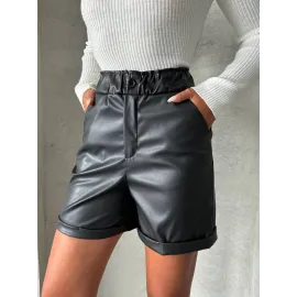 Beli Lastikli Duble Paça Deri Şort Siyah W24755 (Beden: M)
