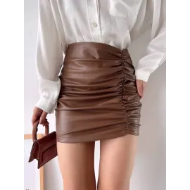 Önden Büzgülü Etek Taba H24210 (Beden: L)