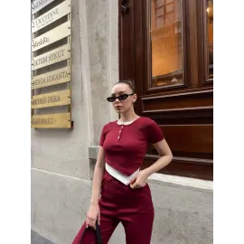 Düğme Yakalı Bordo Alt Üst Takım S3943 (Beden: L)