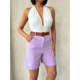 Kemerli Gabardin Şort Lila S25735 (Beden: S)
