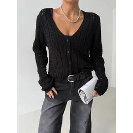 Küçük Düğmeli Küçük Örgülü Triko Hırka Siyah (Beden: Standart)