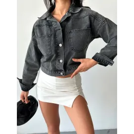 Çift Cepli Kol Katlamalı Süper Taş Enzim Yıkama Crop Kot Ceket Füme D2000 (Beden: M)