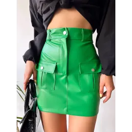 Önden İki Cepli Deri Etek Yeşil H240040 (Beden: S)