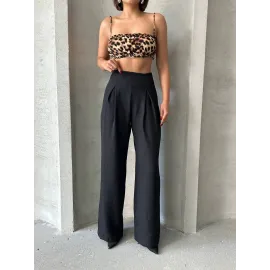 Pileli Keten Pantolon S255046 Siyah (Beden: L)