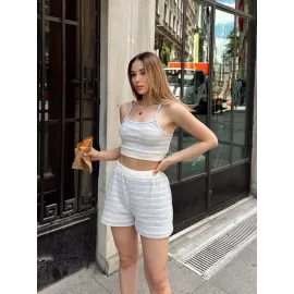 Çizgili Şortlu Takım Gri S3978 (Beden: L)