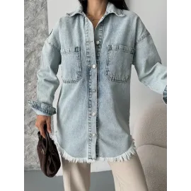 Cepli Püsküllü Kar Yıkama Kot Ceket Mavi D2515 (Beden: 40)