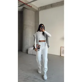 3 İplik Şardonlu Paça Lastikli Eşofman Beyaz İs001 (Beden: Xl)