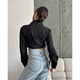 Yanı Kemer Detaylı Crop Gömlek Siyah S4009 (Beden: 40)