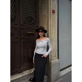 Kelebek Yaka Uzun Kol Bluz Gri (Beden: S)