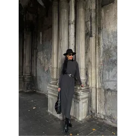 Boğazlı Kalın Bürümcük Uzun Elbise Siyah (Beden: L)