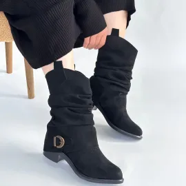 Canty Siyah Süet Körüklü Topuklu Çizme (Numara: 37)