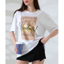 Varak Baskılı İmza Desen Tişört Beyaz (Beden: L)