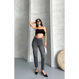 Mom Fit Enzim Taş Yıkama Jeans Pantolon Füme D2006 (Beden: 38)