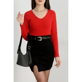V Yaka Kaşkorse Bluz Kırmızı A3699 (Beden: S)