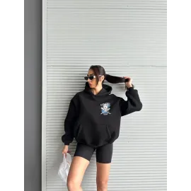 3 İplik Şardonlu Oversize Kafa Baskılı Sweat Siyah (Beden: S)