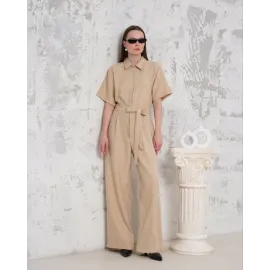 Kuşaklı Gömlek Yaka Salaş Tulum Bej S255822 (Beden: M)