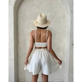 Volanlı Keten Şort Bej S255058 (Beden: Xl)