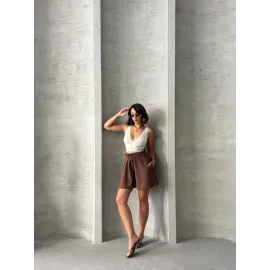 Volanlı Keten Şort Kahve S255058 (Beden: L)