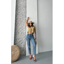 Mom Fit Bıyık Kar Yıkama Jeans Pantolon Koyu Mavi D2006 (Beden: 36)