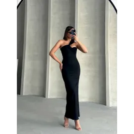 Krinkıl Tek Omuz Uzun Elbise Siyah S25455 (Beden: S)