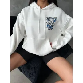 3 İplik Şardonlu Oversize Kafa Baskılı Sweat Beyaz (Beden: L)