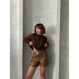Beli Lastikli Çıtçıtlı Deri Şort Kahve W241007 (Beden: S)