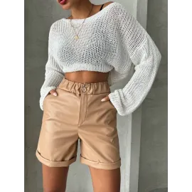 Beli Lastikli Duble Paça Deri Şort Bej W24755 (Beden: M)