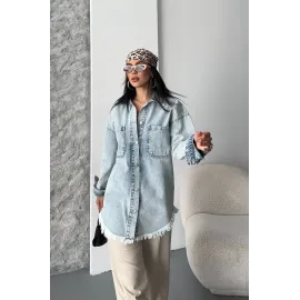 Cepli Püsküllü Kar Yıkama Kot Ceket Mavi D2515 (Beden: 40)
