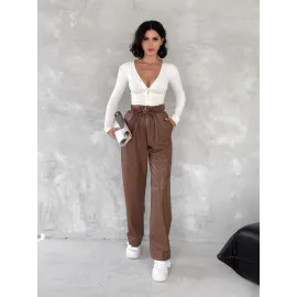 Kendinden İnce Kemerli Deri Pantolon Kahve T1178 (Beden: M)