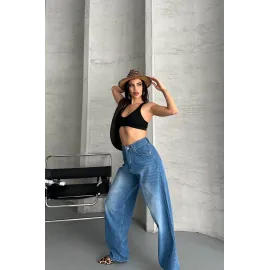 Baggy Süper Taş Bıyık Yıkama Mavi Jeans Pantolon D2007 (Beden: 34)